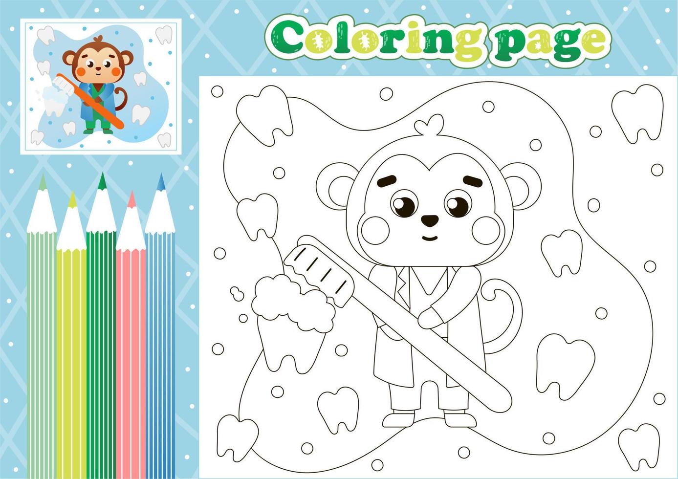 page de coloriage médical pour les enfants avec un médecin dentiste lmonkey mignon avec une brosse à dents vecteur