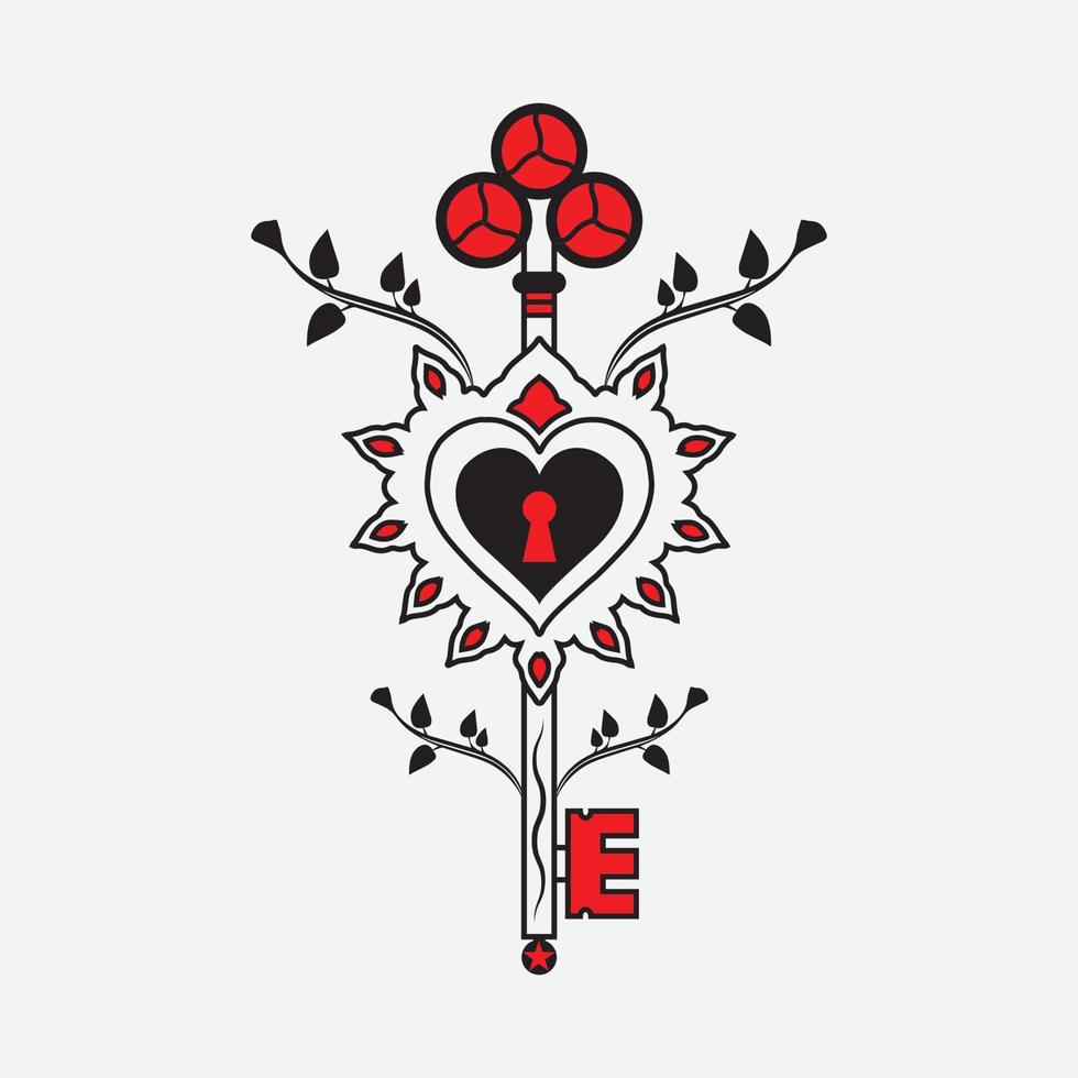 vecteur de tatouage de clé de coeur. clé en forme de coeur enveloppée de feuilles. vieille école. illustration vectorielle