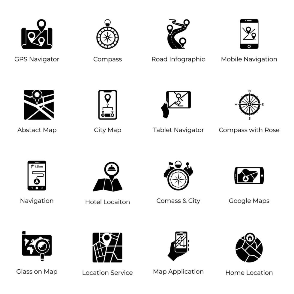 pack d'icônes solides de navigation gps vecteur