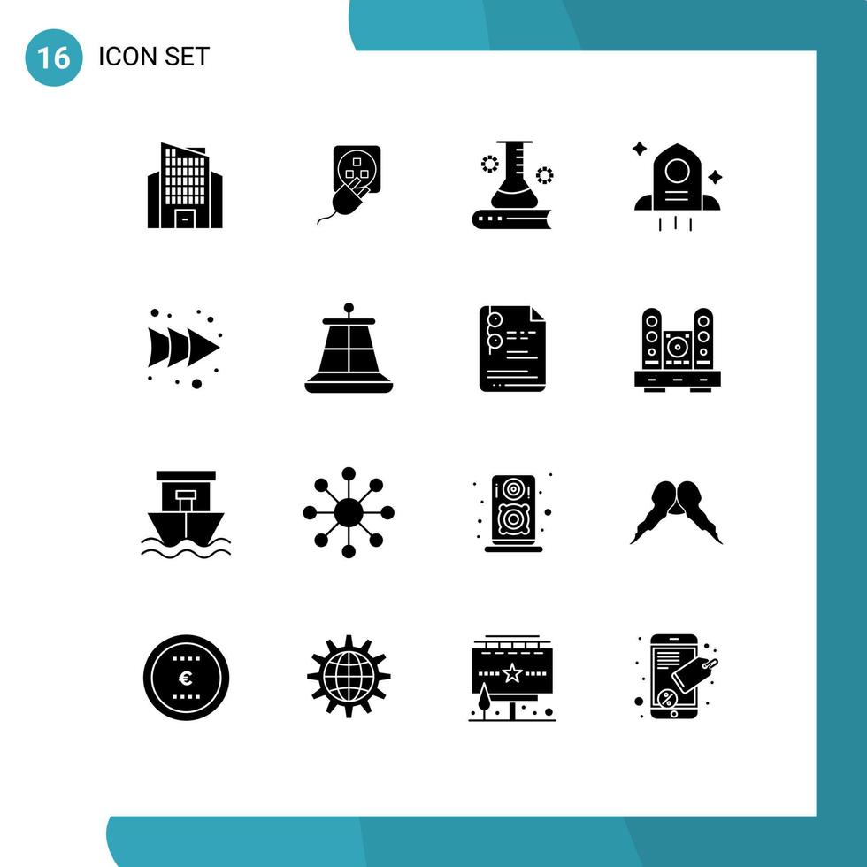 16 concept de glyphe solide pour les sites Web mobiles et les applications vers l'avant de la science spatiale et de l'éducation éléments de conception vectoriels modifiables scientifiques de fusée vecteur