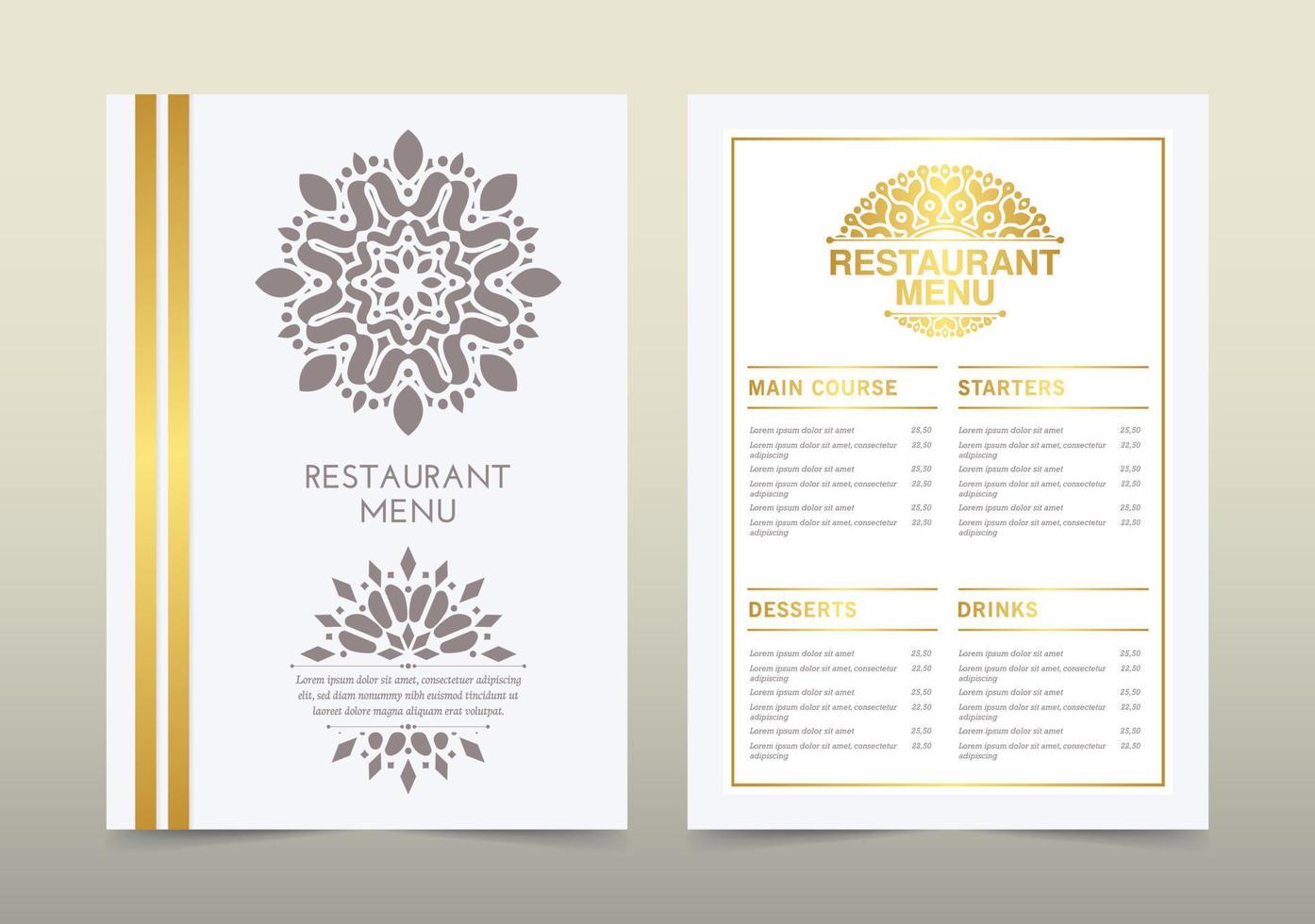 menu de restaurant en or avec un style ornemental élégant vecteur