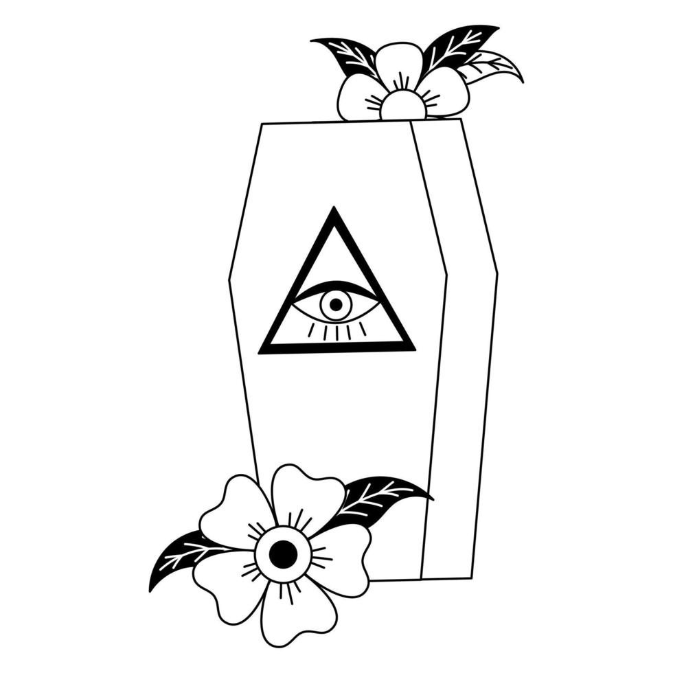 cercueil avec tatouage de fleurs dans le style y2k, années 1990, années 2000. conception d'éléments emo goth. tatouage de la vieille école. illustration vectorielle vecteur