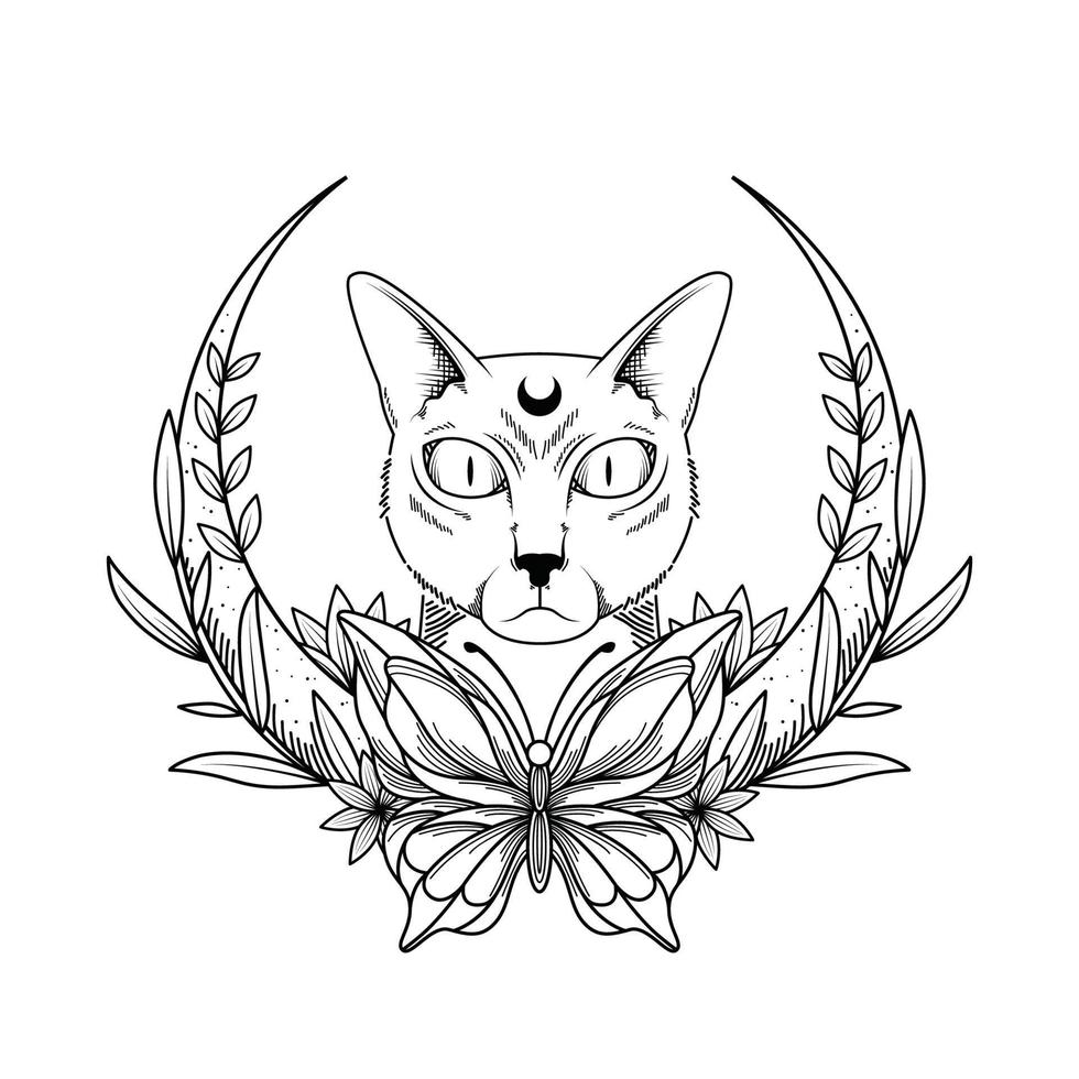 logo de chat effrayant avec fleur de lune vecteur