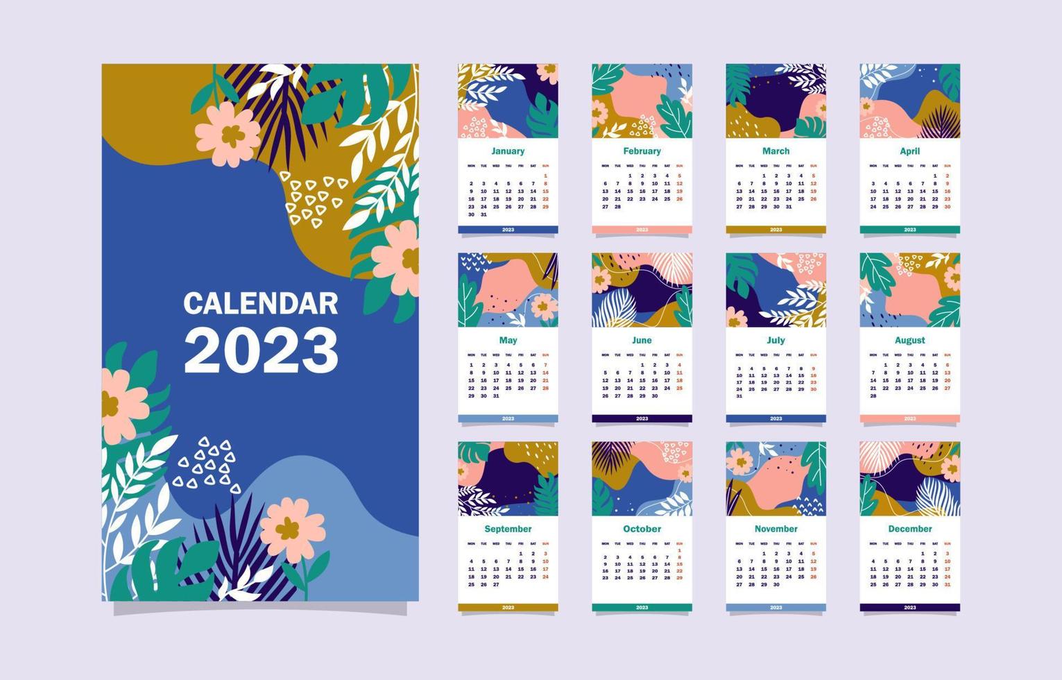 modèle de thème floral du calendrier 2023 vecteur