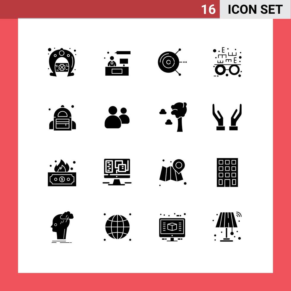 ensemble de 16 glyphes solides vectoriels sur la grille pour les éléments de conception vectoriels modifiables de test optique d'ordinateur de sac d'étudiant vecteur