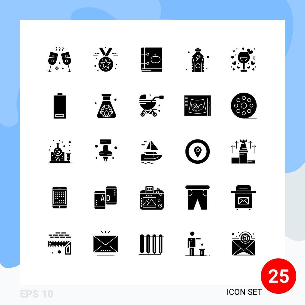 ensemble de 25 glyphes solides universels pour les applications web et mobiles nuit date éducation protéines fitness éléments de conception vectoriels modifiables vecteur