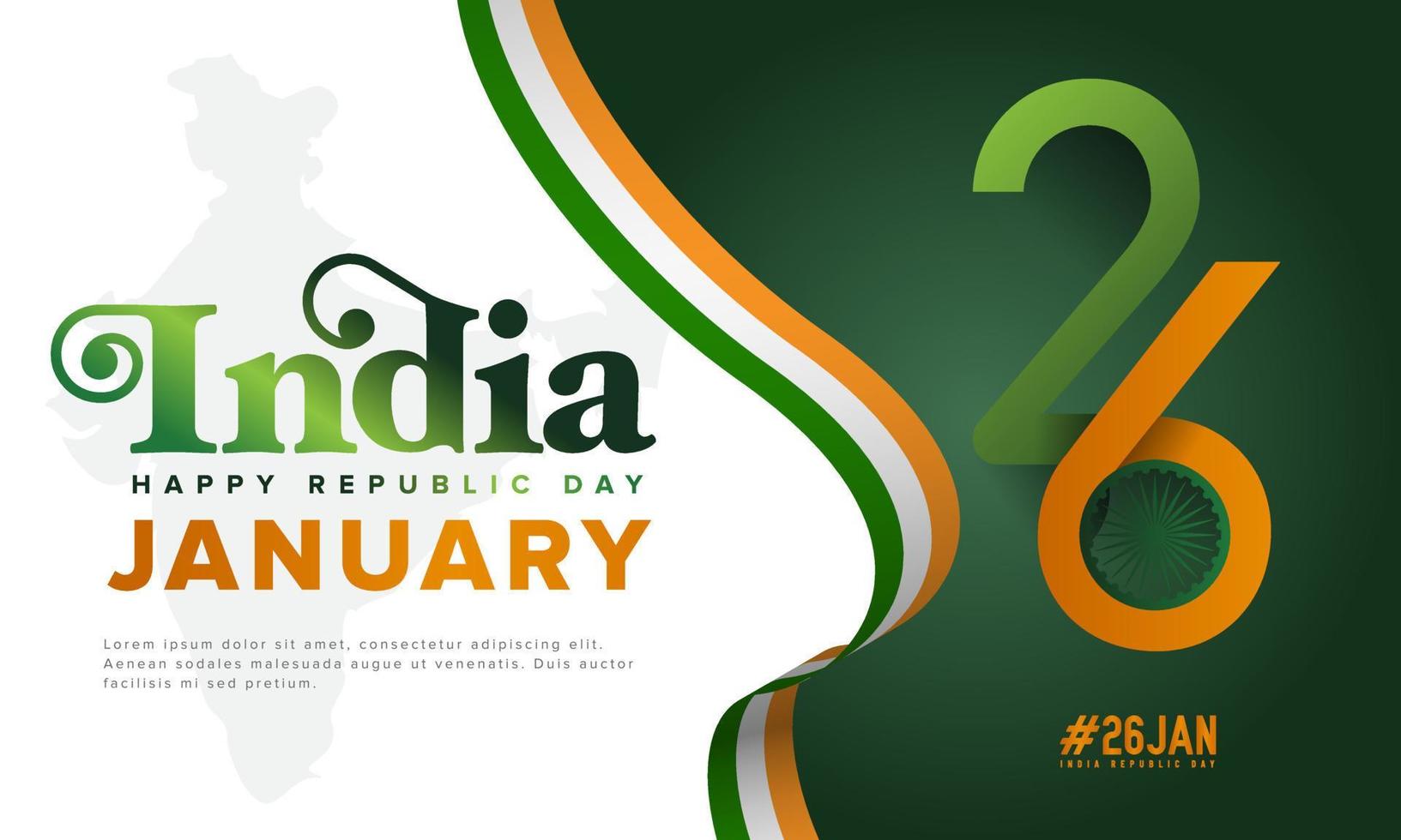 jour de la république indienne 26 janvier illustration créative avec ruban, drapeau, carte, roue pour le fond, carte de voeux, bannière vecteur