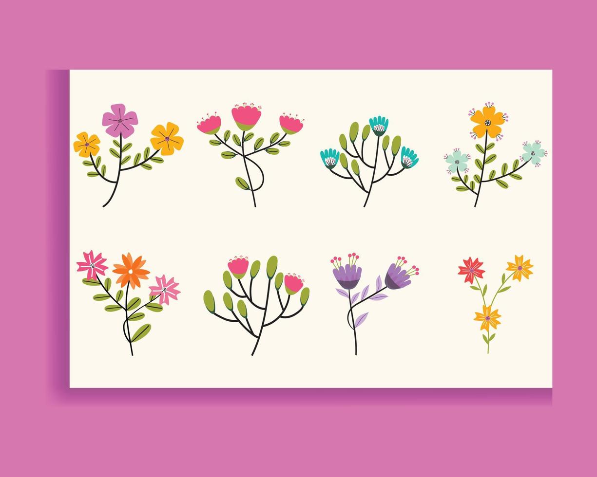 ensemble de fleurs colorées de printemps. ensemble de branches florales. isolé sur blanc pour les cartes de voeux, Pâques et Thanksgiving. jeu de ressorts, éléments dessinés à la main. vecteur