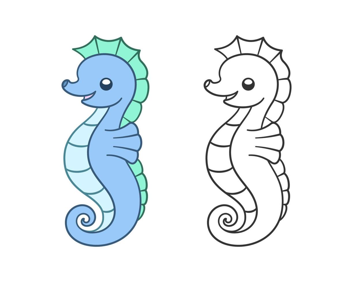 logo et jeu d'icônes de clipart de dessin animé d'hippocampe. coloré, dessin au trait et silhouette. créatures marines de l'océan et animaux sous-marins différents styles d'art. vecteur