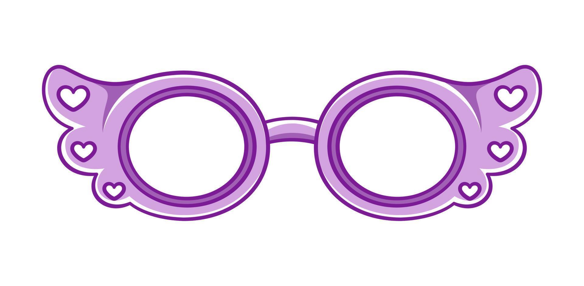 lunettes de soleil nuances violet lavande avec clipart motif coeur. lunettes de fête funky illustration vectorielle de dessin animé de lunettes. vecteur