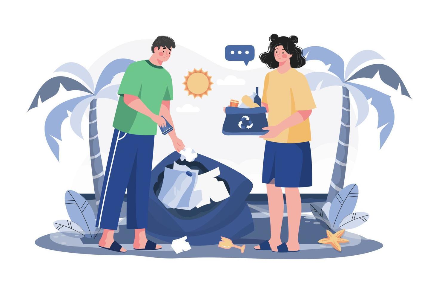 couple ramassant les déchets de la plage vecteur