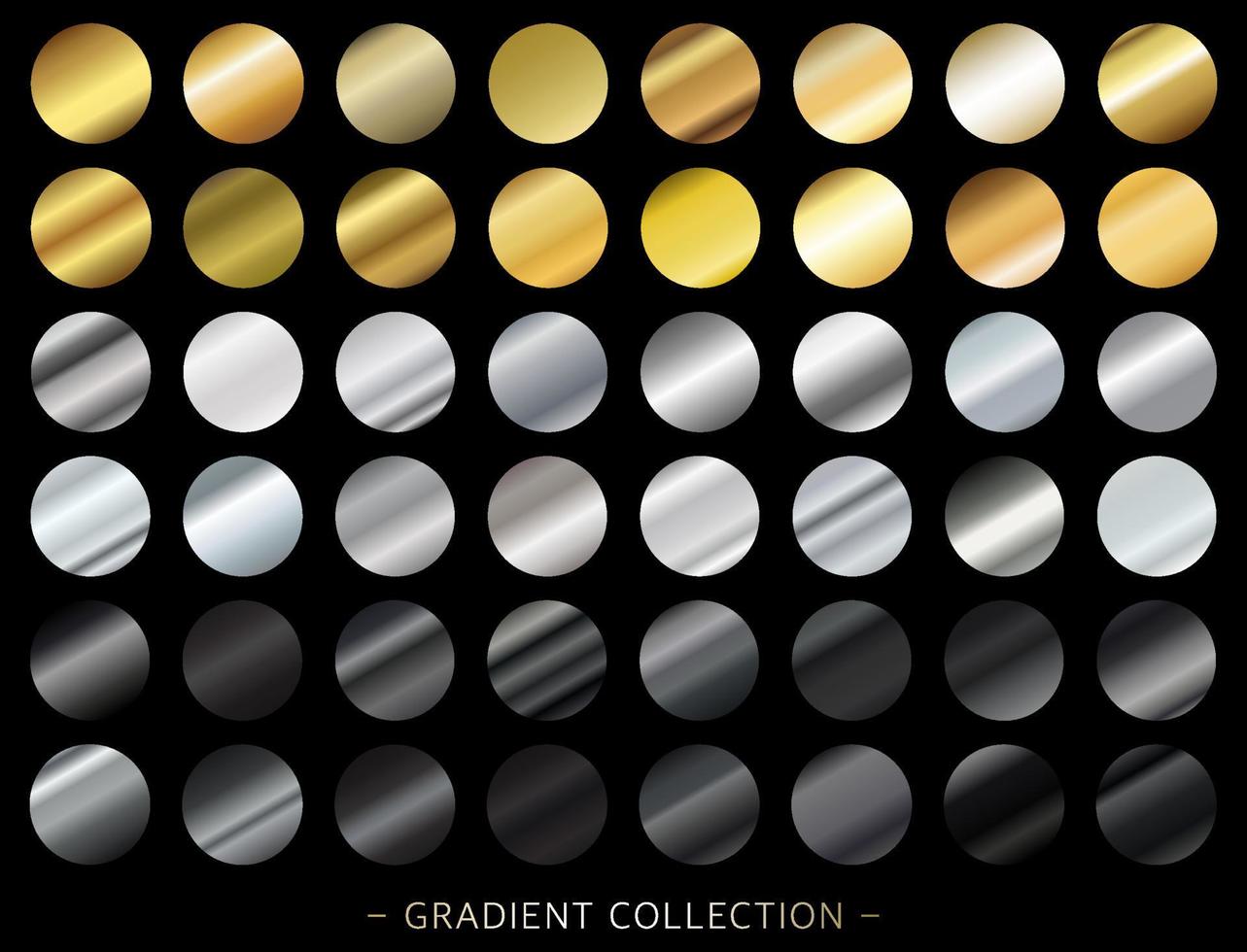 collection dégradé d'or, dégradé d'argent et dégradé de noir combinaisons modernes de couleurs et de nuances. palette de couleurs dégradées sous forme de cercles. vecteur. vecteur