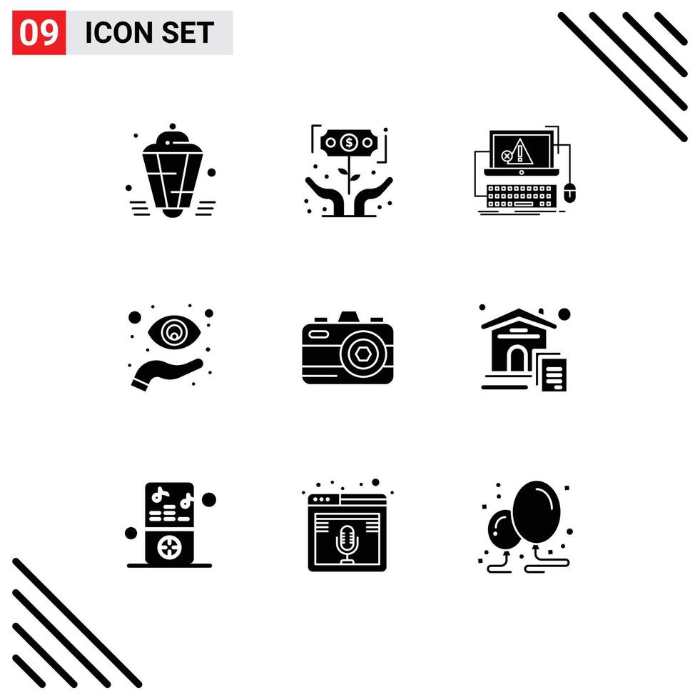 interface mobile glyphe solide ensemble de 9 pictogrammes d'éléments de conception vectoriels modifiables d'erreur de système d'investisseur œil main vecteur
