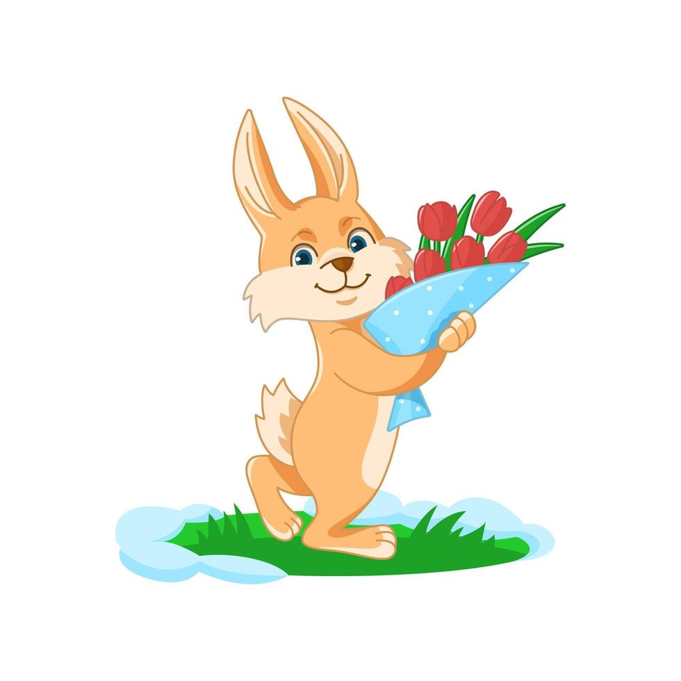 lapin debout avec un bouquet de tulipes vecteur