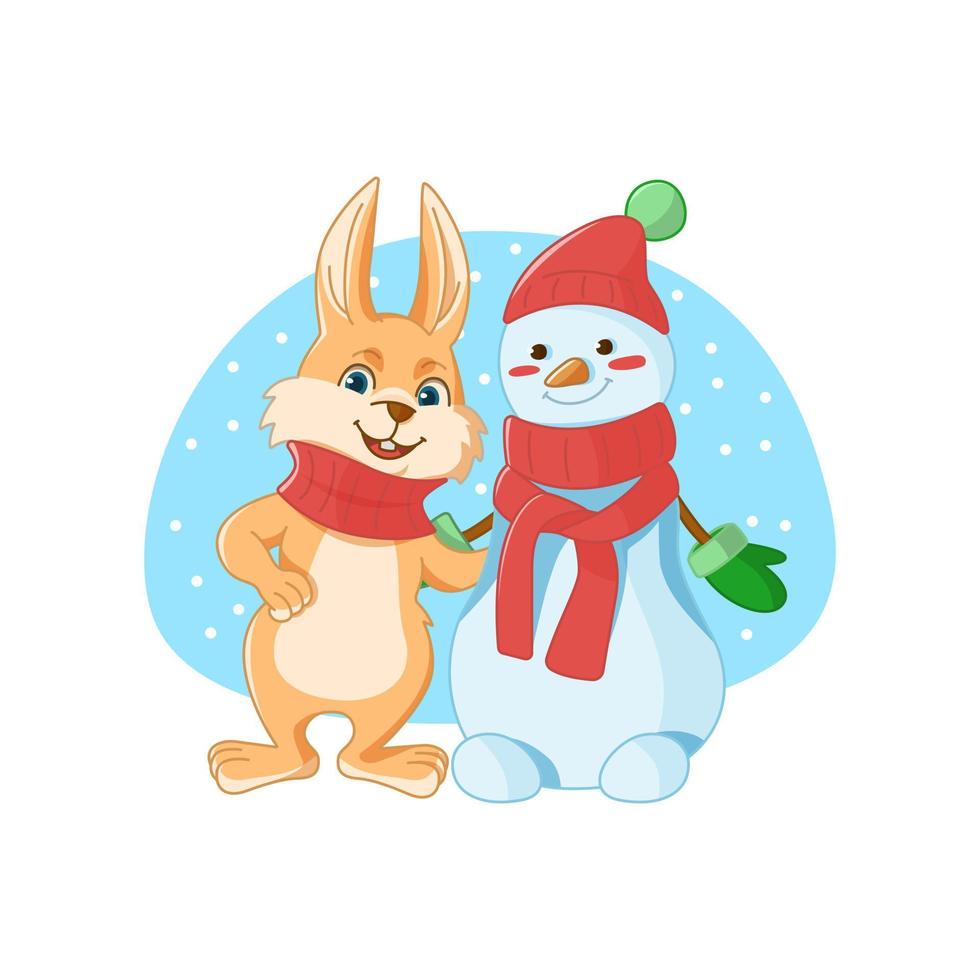 lapin et bonhomme de neige mignon debout ensemble vecteur