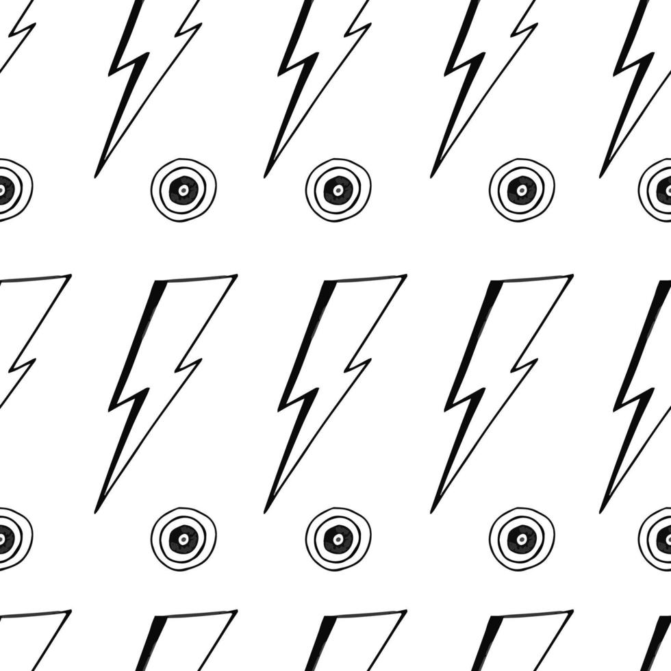 motif noir et blanc rétro avec des éclairs et des cercles david bowie dessinés à la main, ambiance des années 90 vecteur