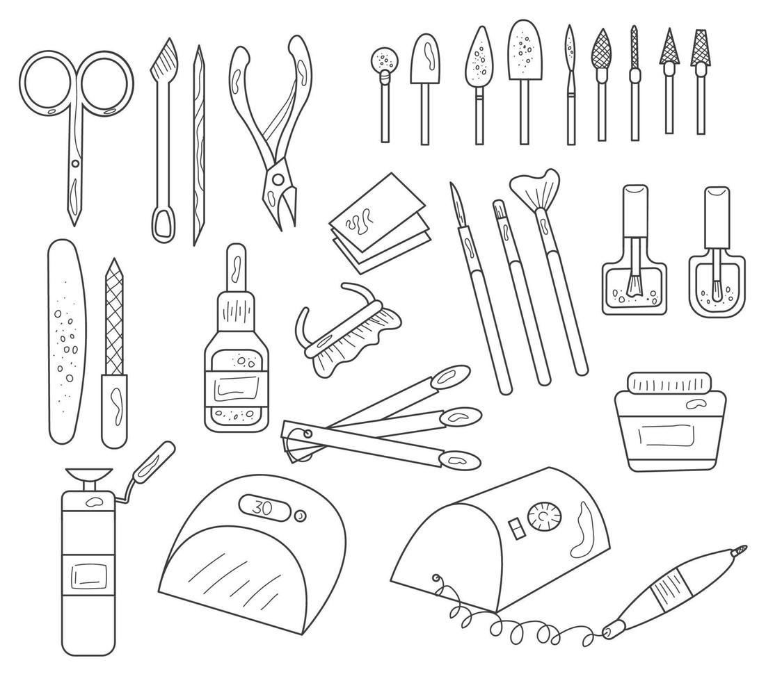 ensemble d'outils pour manucure, pots de vernis à ongles, limes à ongles, fraise, passementerie, pinces, lampe à ongles, palette de couleurs pour manucure. vecteur