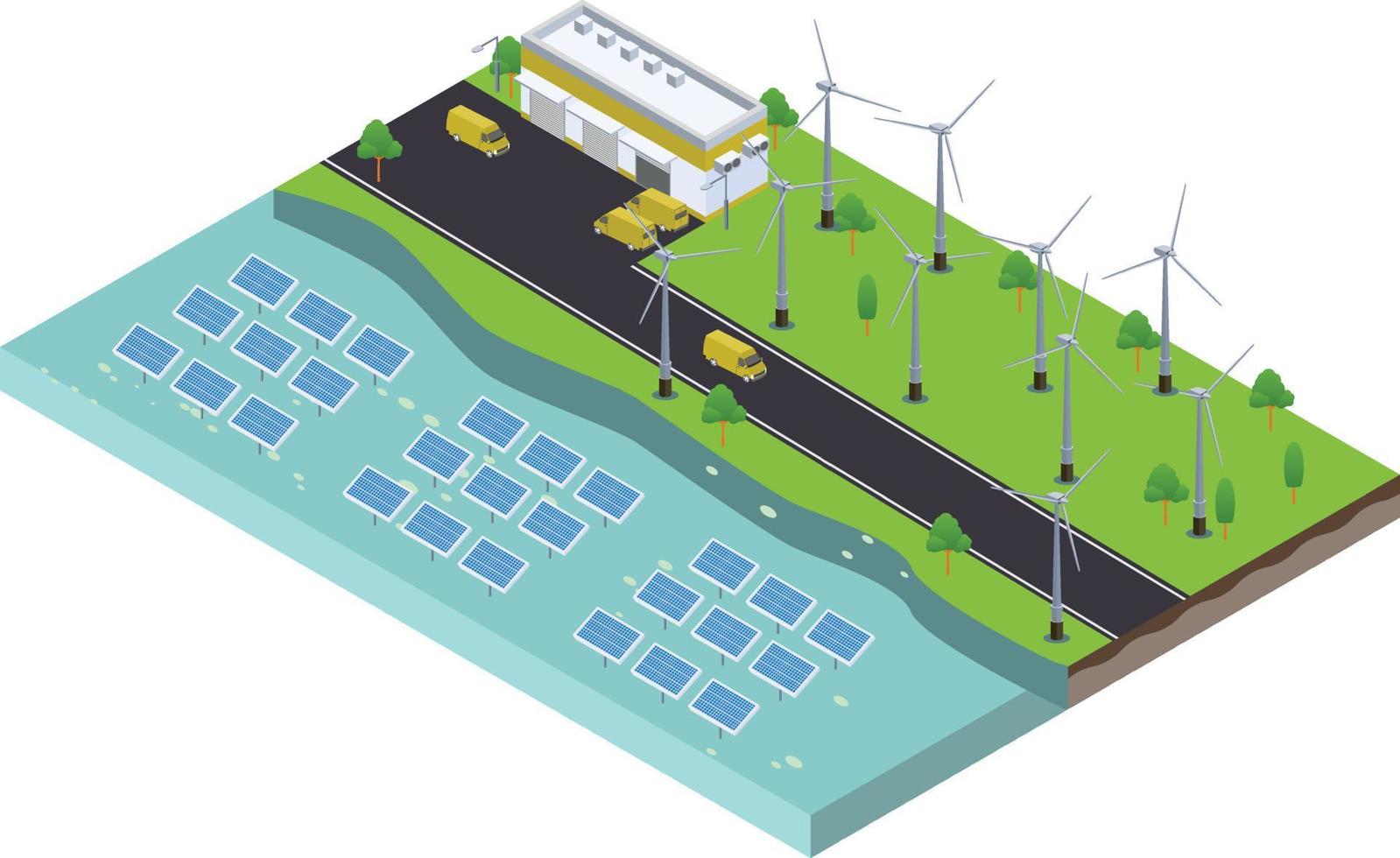 scène isométrique d'éoliennes générant de l'électricité et des panneaux de ferme solaire avec une usine de fabrication verte vecteur