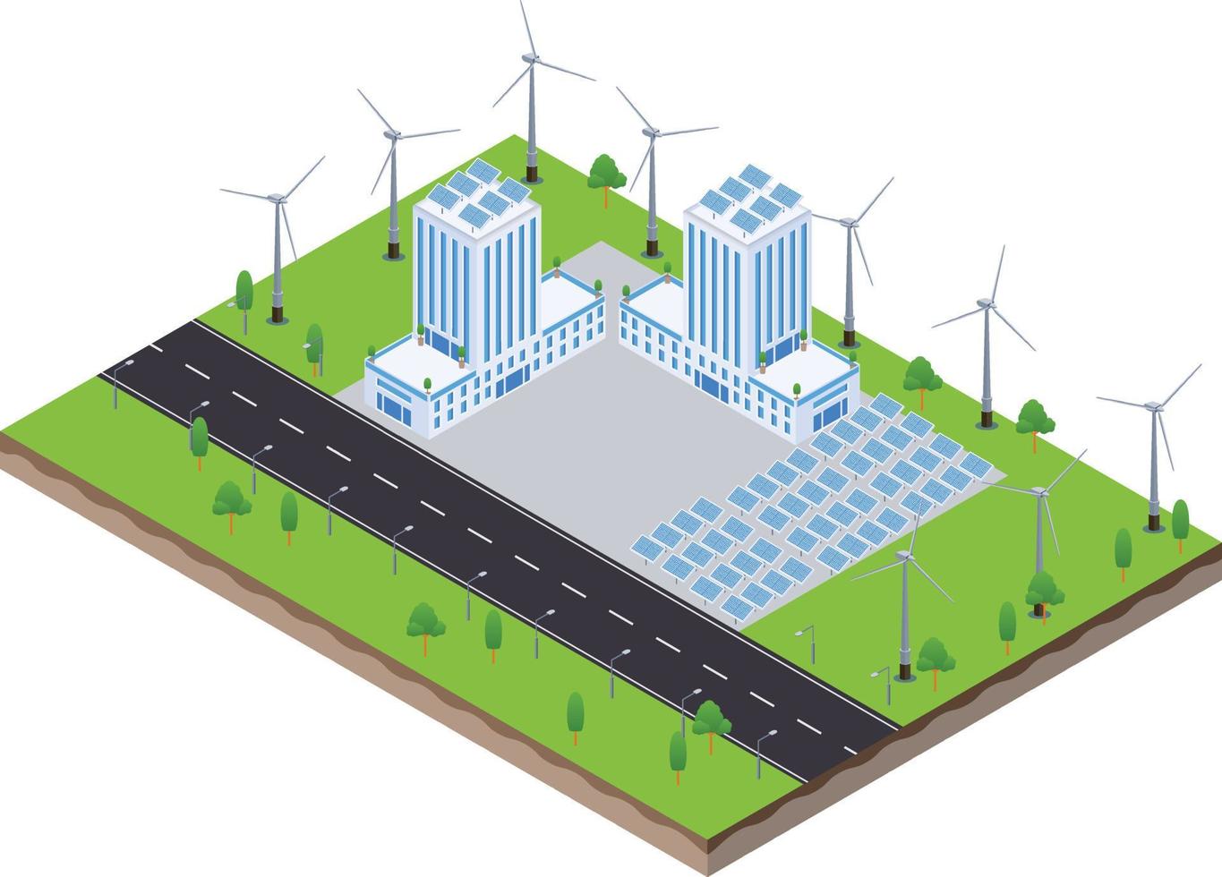 scène isométrique de panneaux de ferme solaire avec usine de fabrication verte vecteur