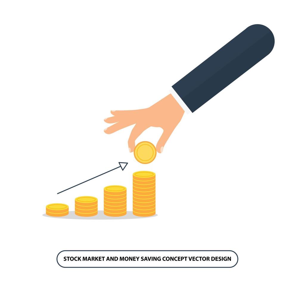 conception de vecteur de concept de marché boursier et d'économie d'argent, mise à la main de la pièce sur le graphique de l'argent, icônes de la finance et de l'économie