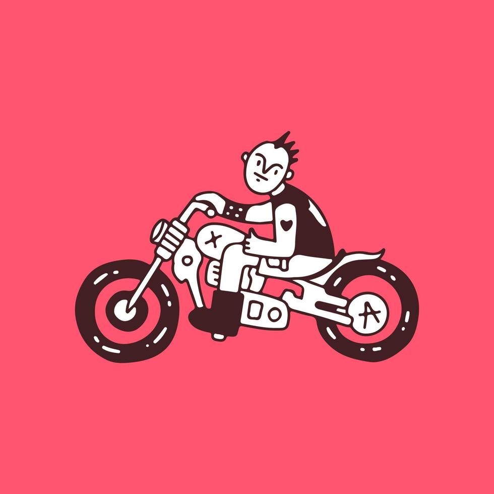 garçon punk à moto, illustration pour t-shirt, autocollant ou marchandise vestimentaire. avec un style doodle, rétro et dessin animé. vecteur