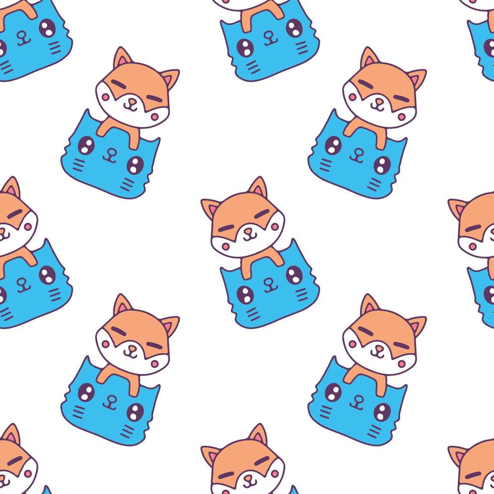 chat mignon et chien shiba inu sur fond blanc motif sans couture. concept de modèle sans couture de style vintage, pop art moderne. vecteur