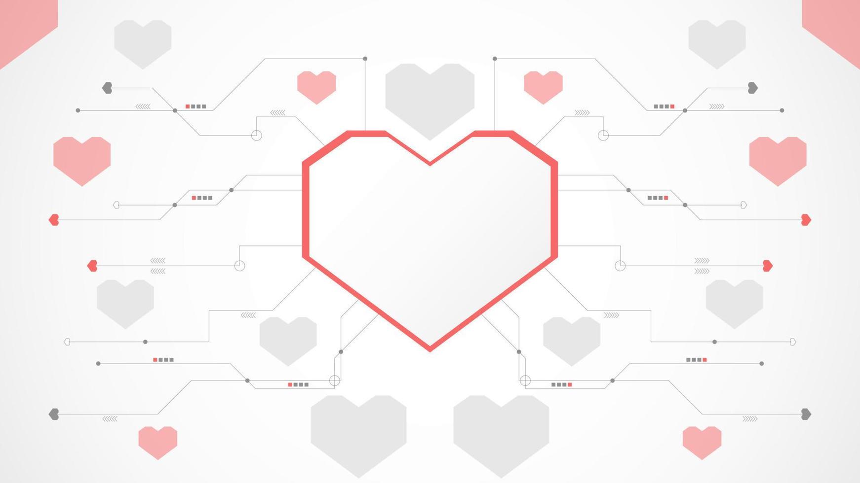 Résumé de fond de la Saint-Valentin technologie coeur rouge blanc. technologie avec ligne, numérique, coeur, point, haute technologie, concept de la Saint-Valentin, vecteur. coeur technologique pour la saint valentin, arrière-plan, bannière web. vecteur