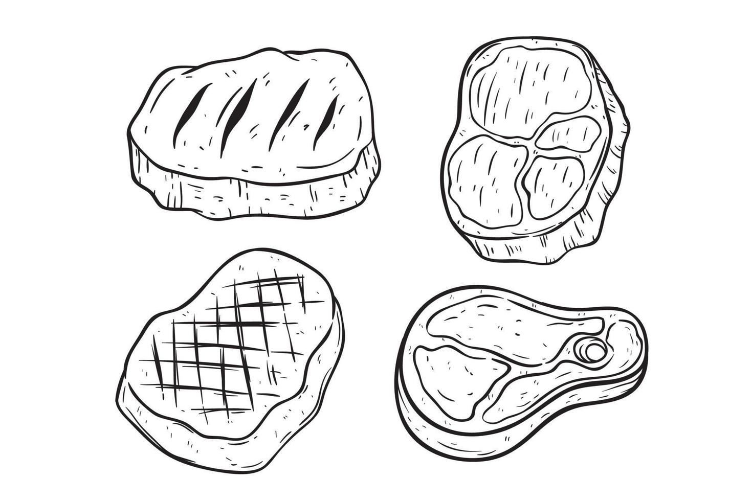 ensemble de dessin à la main de viande ou de steak sur fond blanc vecteur