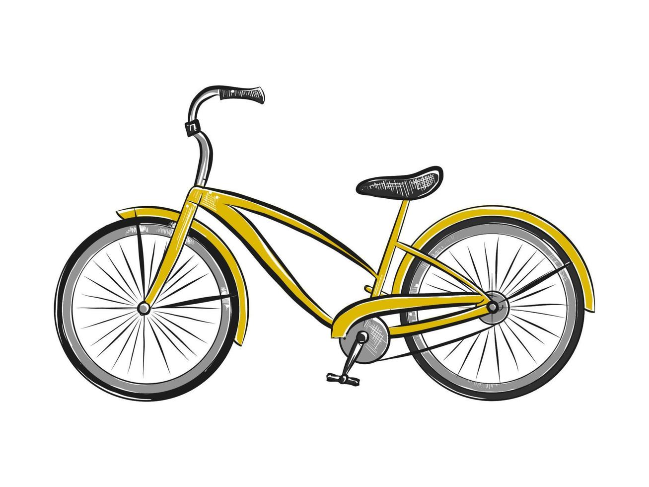 illustration de style gravé de vecteur pour les affiches, la décoration et l'impression. croquis dessiné à la main de vélo jaune isolé sur fond blanc. dessin détaillé de style gravure sur bois vintage.