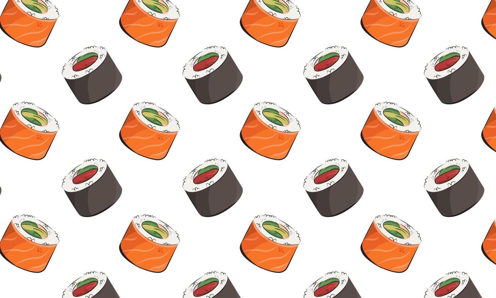 cuisine japonaise, nourriture. illustration plate de modèle vectoriel isolée sur fond blanc. rouleaux de sushi ensemble de sauce soja onigiri modèle sans couture. image de stock. pour les menus de restaurant et les affiches. livraison