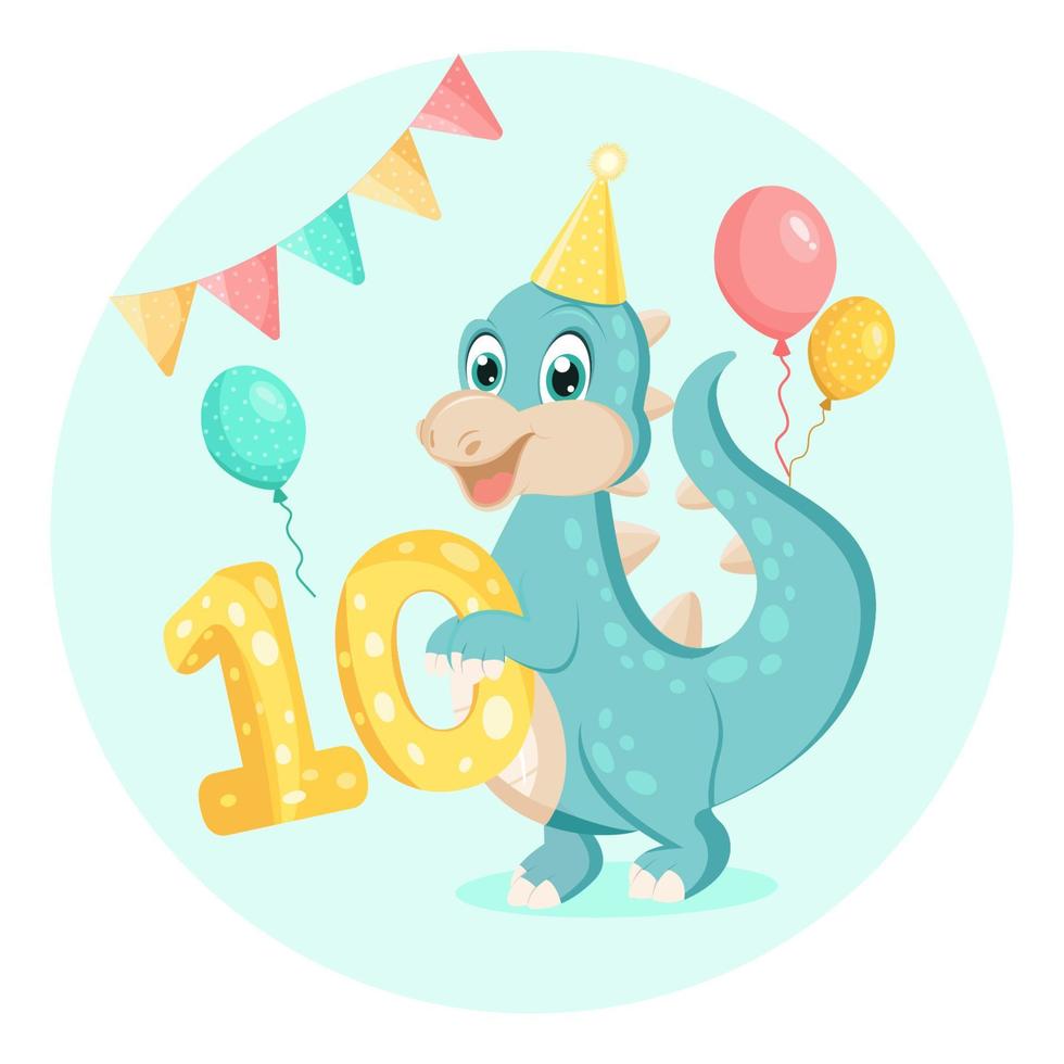 mignon bébé dinosaure. invitation d'anniversaire. dix ans, dix mois. carte de voeux joyeux anniversaire. vecteur