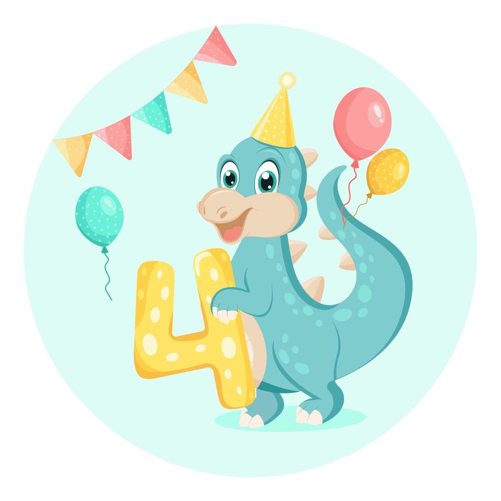 mignon bébé dinosaure. invitation d'anniversaire. quatre ans, quatre mois. carte de voeux joyeux anniversaire. vecteur