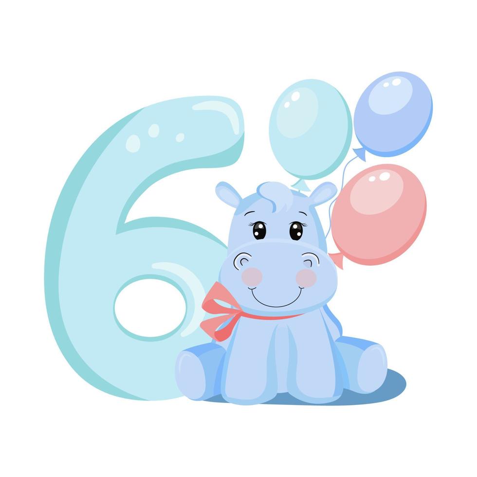mignon bébé hippopotame. invitation d'anniversaire. six ans, 6 mois. joyeux anniversaire. vecteur