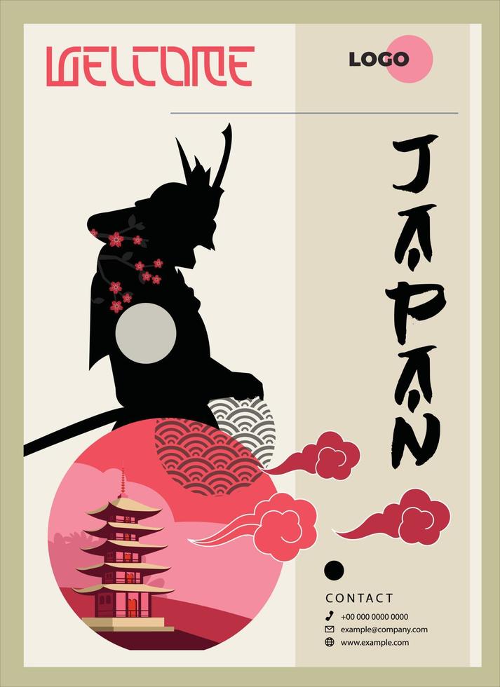 des guerriers samouraïs, des pagodes japonaises ainsi que des inscriptions japonaises emblématiques. samouraï japonais avec épée, illustration vectorielle sens du caractère japonais noir. guerre, victoire vecteur