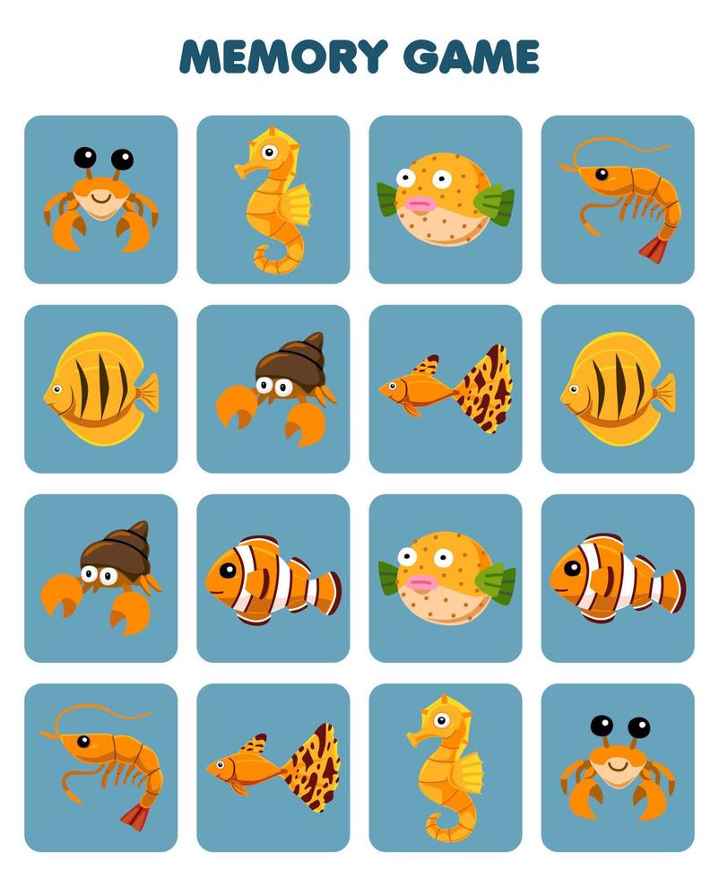 jeu éducatif pour les enfants mémoire pour trouver des images similaires de dessin animé mignon crabe hippocampe poisson crevette ermite crabe feuille de travail sous-marine imprimable vecteur