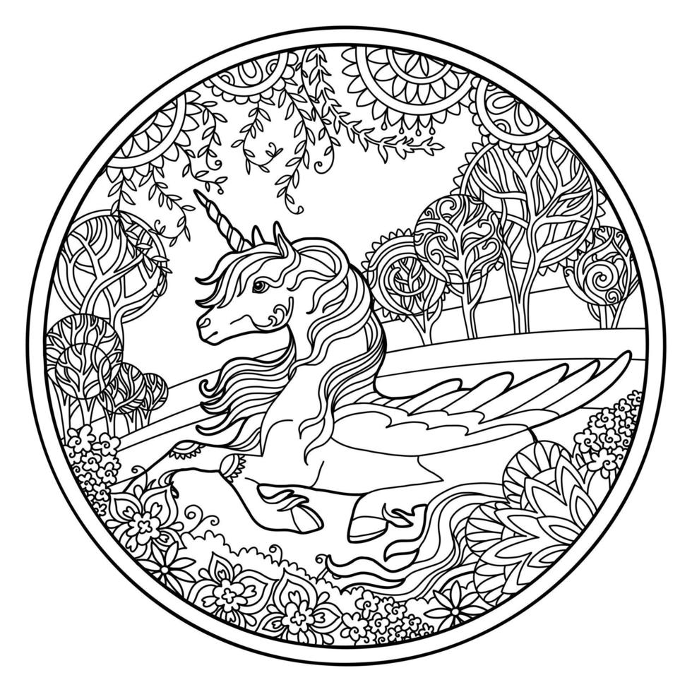 pegasus en fleurs illustration vectorielle à colorier ronde vecteur