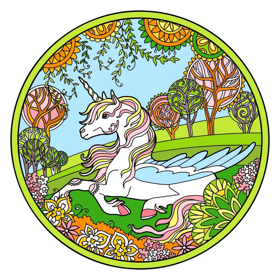 licorne avec des ailes illustration vectorielle de couleur ronde isolée vecteur