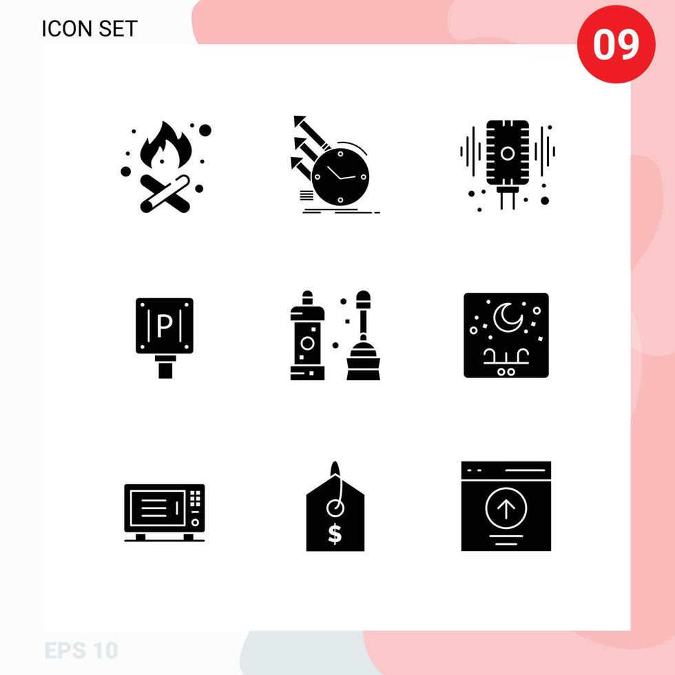 9 ensemble de glyphes solides universels pour les applications web et mobiles signe de salle de bain éléments de conception vectoriels modifiables sonores vecteur