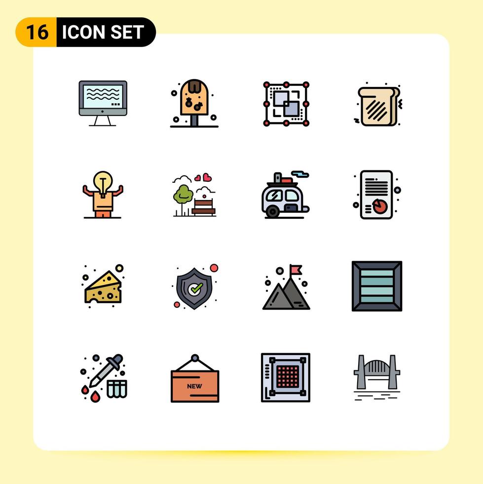 groupe de 16 signes et symboles de lignes remplies de couleurs plates pour les affaires de l'homme diviser la nourriture toast éléments de conception vectoriels créatifs modifiables vecteur