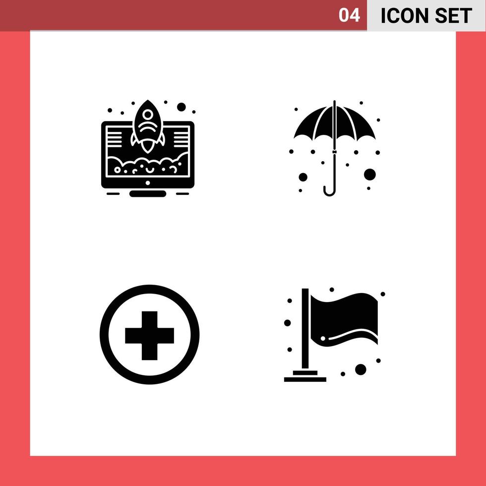 pack de glyphes solides de 4 symboles universels d'éléments de conception vectoriels modifiables de signe de pluie de fusée médicale d'entrepreneur vecteur