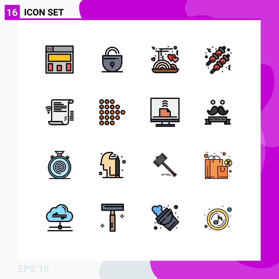 interface mobile ligne remplie de couleurs plates ensemble de 16 pictogrammes de nouilles de présentation en ligne document boulette de viande éléments de conception vectoriels créatifs modifiables vecteur