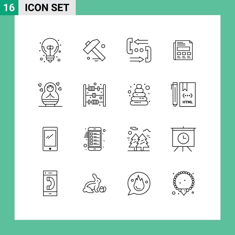 ensemble de 16 symboles d'icônes d'interface utilisateur modernes signes pour la présentation de l'enfant rapport de feuille de communication éléments de conception vectoriels modifiables vecteur