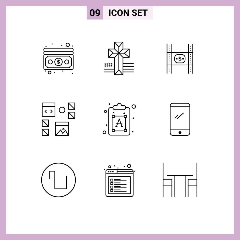 pack de 9 signes et symboles de contours modernes pour les supports d'impression Web tels que la conception de développement de coûts de page créative éléments de conception vectoriels modifiables vecteur