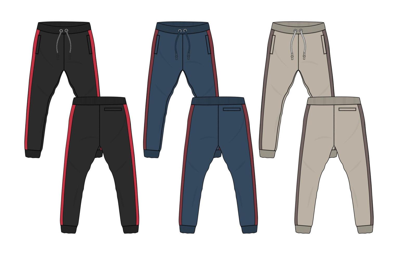 polaire coton tissu jogger pantalons de survêtement mode technique croquis plat modèle d'illustration vectorielle avant, vues arrière. vecteur