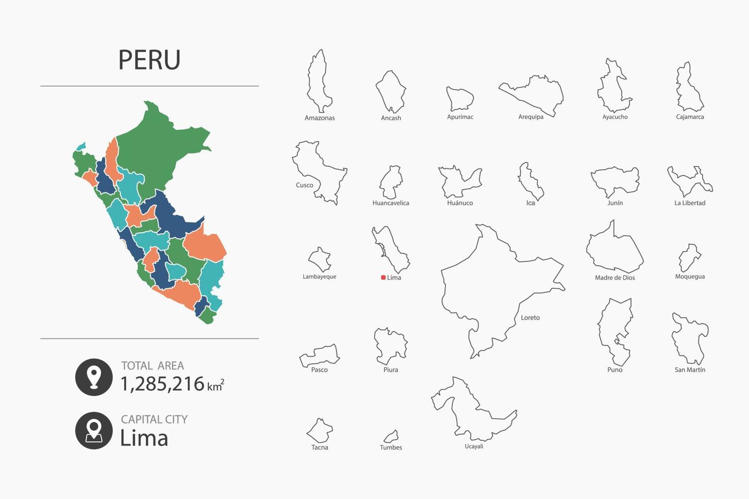 carte du pérou avec carte détaillée du pays. éléments cartographiques des villes, des zones totales et de la capitale. vecteur