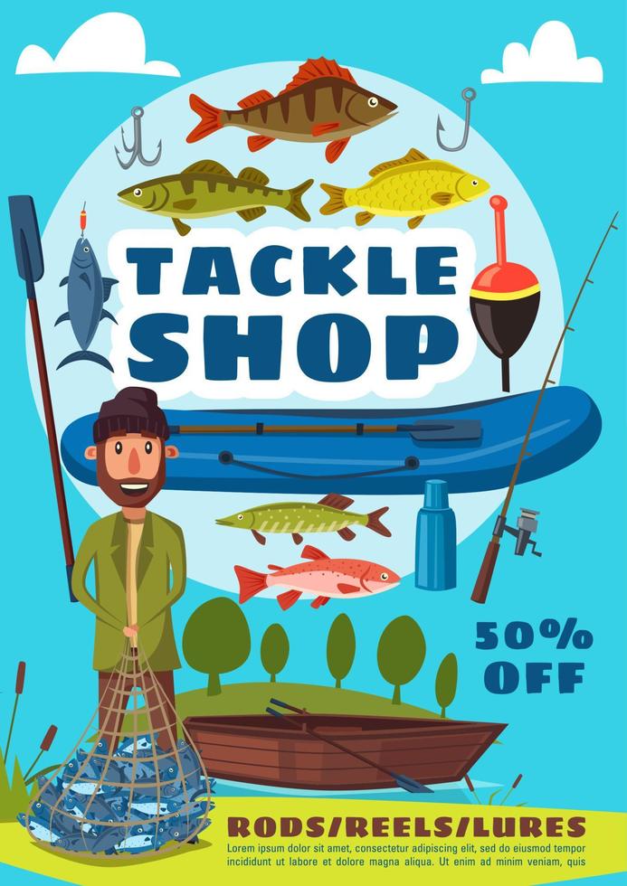 affiche de magasin de sport et d'attirail de pêche avec pêcheur vecteur