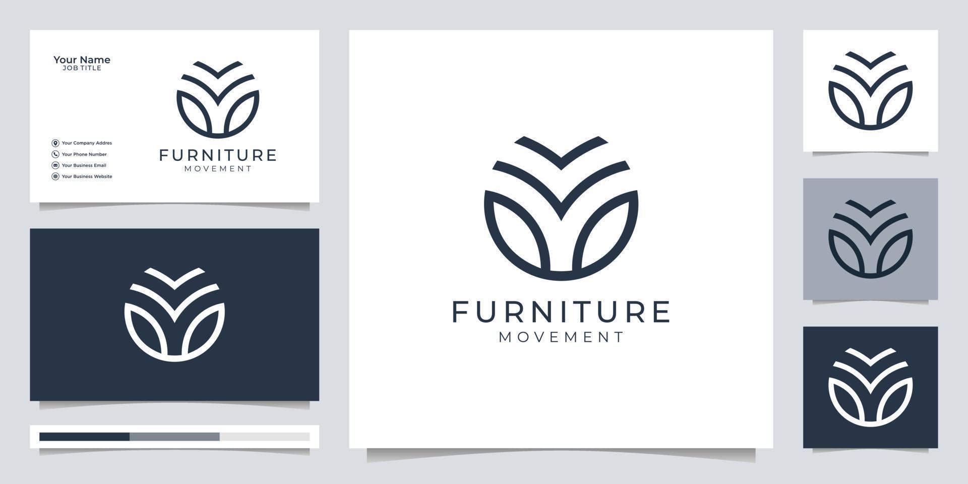 création de logo de mouvement de meubles minimaliste. ligne de style élégante avec carte de visite vecteur premium