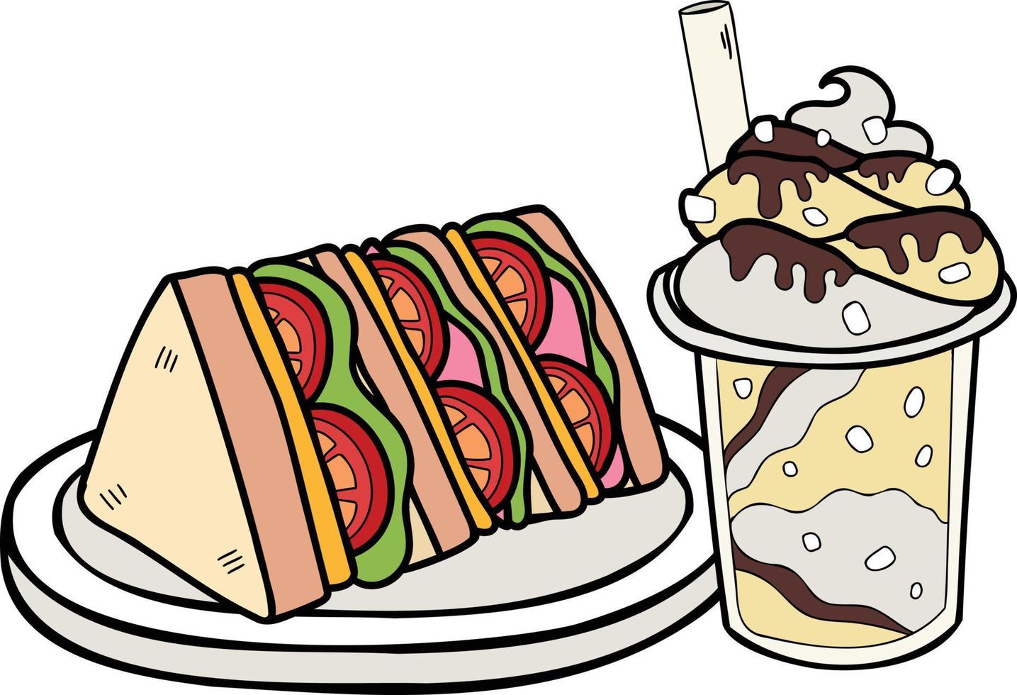 illustration de sandwichs et de boissons dessinés à la main vecteur