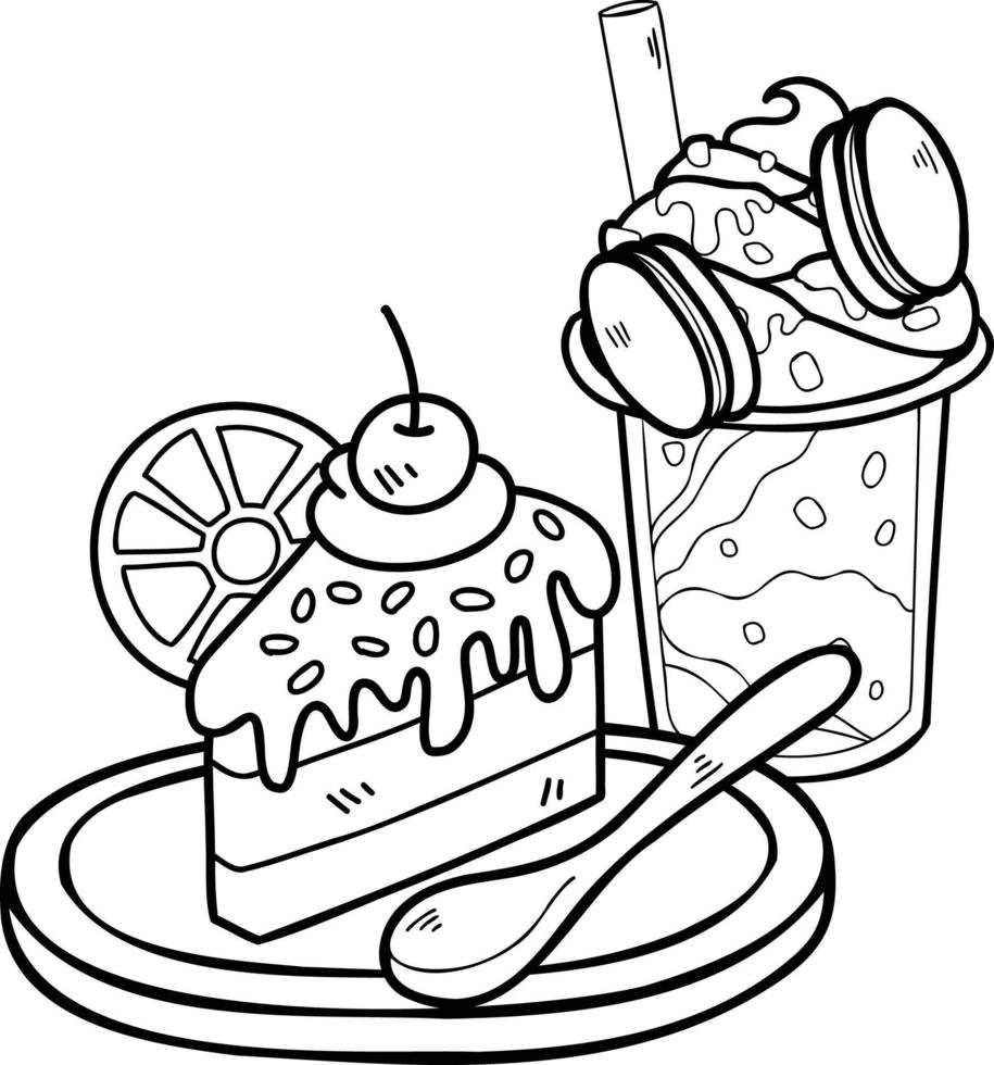 gâteau dessiné à la main et illustration de boisson vecteur