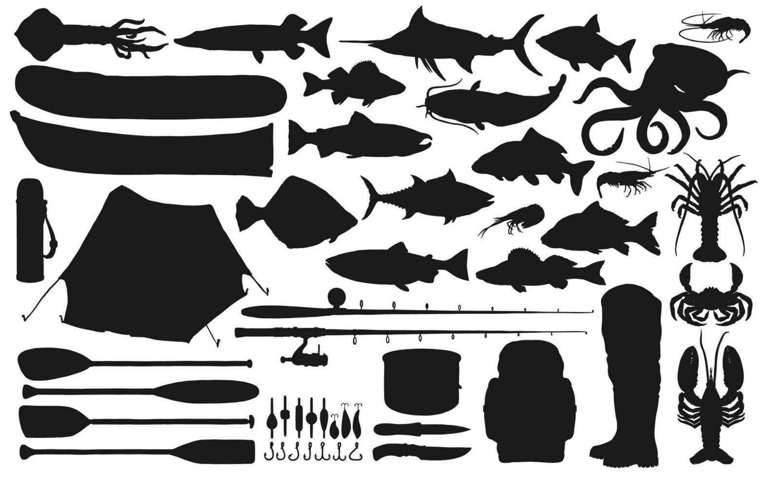 équipement de pêche et attirail avec des silhouettes de poissons vecteur